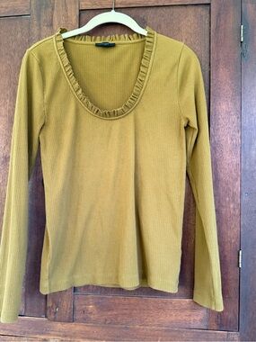 J. Crew Mustard Ribbed Long-Sleeve Scoop Top with Ruffle Trim